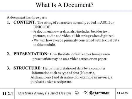 14 of 35 What Is A Document? A document has three parts 1.CONTENT : The string of characters normally coded in ASCII or UNICODE - A document now-a-days.