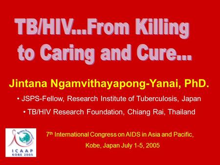 Jintana Ngamvithayapong-Yanai, PhD. JSPS-Fellow, Research Institute of Tuberculosis, Japan TB/HIV Research Foundation, Chiang Rai, Thailand 7 th International.