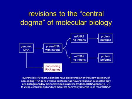 Revisions to the “central dogma” of molecular biology over the last 10 years, scientists have discovered an entirely new category of non-coding RNA genes.
