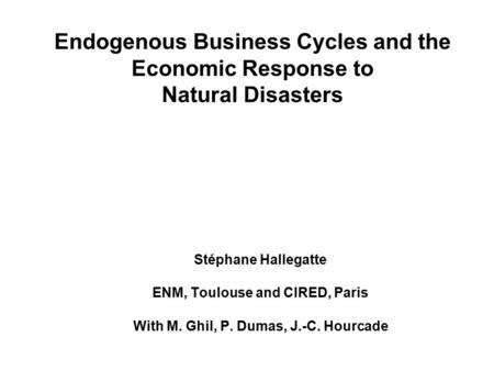 Endogenous Business Cycles and the Economic Response to Natural Disasters Stéphane Hallegatte ENM, Toulouse and CIRED, Paris With M. Ghil, P. Dumas, J.-C.