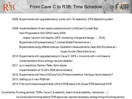 From Cave C to R3B: Time Schedule 2008 Experiments with upgraded setup: proton arm, Si detectors, QFS detection system 2009 Implementation of new readout.
