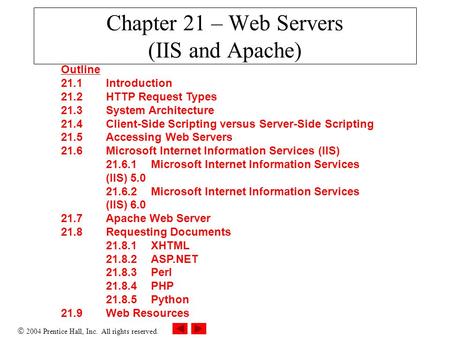  2004 Prentice Hall, Inc. All rights reserved. Chapter 21 – Web Servers (IIS and Apache) Outline 21.1 Introduction 21.2 HTTP Request Types 21.3 System.