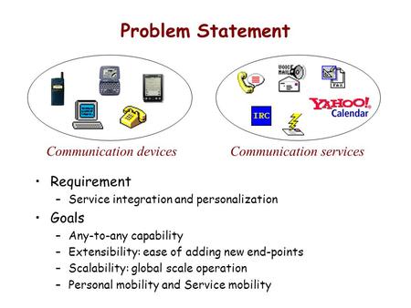 Problem Statement Requirement –Service integration and personalization Goals –Any-to-any capability –Extensibility: ease of adding new end-points –Scalability:
