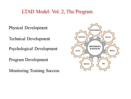 LTAD Model: Vol. 2, The Program Physical Development Technical Development Psychological Development Program Development Monitoring Training Success.