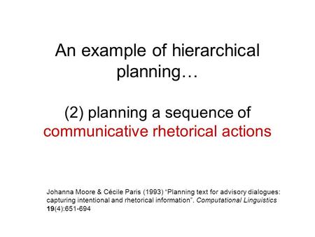 An example of hierarchical planning… (2) planning a sequence of communicative rhetorical actions Johanna Moore & Cécile Paris (1993) “Planning text for.