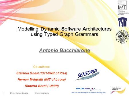 1© Nokia Siemens Networks Antonio Bucchiarone Marie Curie Host Fellowships for the Transfer of Knowledge (TOK) Modelling Dynamic Software Architectures.