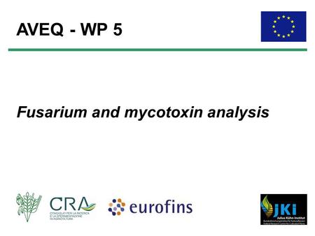 Fusarium and mycotoxin analysis AVEQ - WP 5. WP 5: Partners P4 Eurofins WEJ Contaminants GmbH (Germany) Scarlett Biselli, Ole Winkelmann, Simone Staiger.