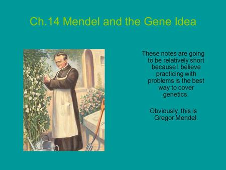 Ch.14 Mendel and the Gene Idea These notes are going to be relatively short because I believe practicing with problems is the best way to cover genetics.