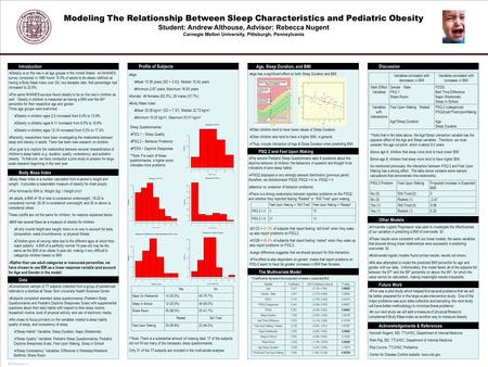POSTER TEMPLATE BY: www.PosterPresentations.com Modeling The Relationship Between Sleep Characteristics and Pediatric Obesity Student: Andrew Althouse,