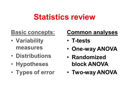 Statistics review Basic concepts: Variability measures Distributions Hypotheses Types of error Common analyses T-tests One-way ANOVA Randomized block ANOVA.