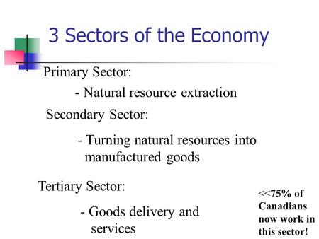 3 Sectors of the Economy Primary Sector: - Natural resource extraction Secondary Sector: - Turning natural resources into manufactured goods Tertiary Sector: