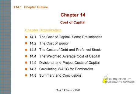 Chapter 14 Cost of Capital Chapter Organization