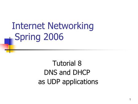 1 Internet Networking Spring 2006 Tutorial 8 DNS and DHCP as UDP applications.