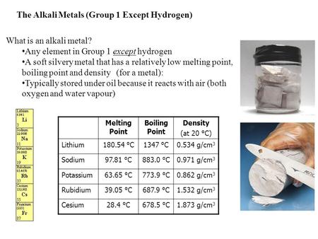 The Alkali Metals (Group 1 Except Hydrogen)