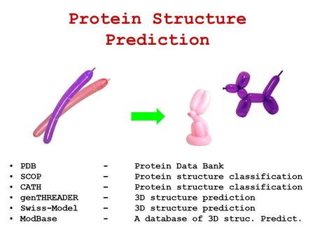 PDB-Protein Data Bank SCOP –Protein structure classification CATH –Protein structure classification genTHREADER–3D structure prediction Swiss-Model–3D.