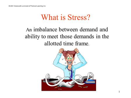 © 2001 Wadsworth, a division of Thomson Learning, Inc 1 What is Stress? An imbalance between demand and ability to meet those demands in the allotted time.