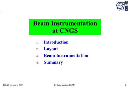ISS, 23 September 2005E. Gschwendtner, CERN1 Beam Instrumentation at CNGS 1. Introduction 2. Layout 3. Beam Instrumentation 4. Summary.