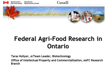 Federal Agri-Food Research in Ontario Taras Hollyer, A/Team Leader, Biotechnology Office of Intellectual Property and Commercialization, AAFC Research.