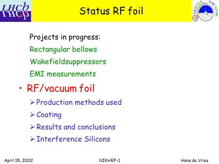 April 15, 2002 NIKHEF-1 Hans de Vries Status RF foil Projects in progress: Rectangular bellows Wakefieldsuppressors EMI measurements RF/vacuum foil  Production.