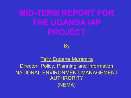 MID-TERM REPORT FOR THE UGANDA IAP PROJECT By Telly Eugene Muramira Director; Policy, Planning and Information NATIONAL ENVIRONMENT MANAGEMENT AUTHRORITY.