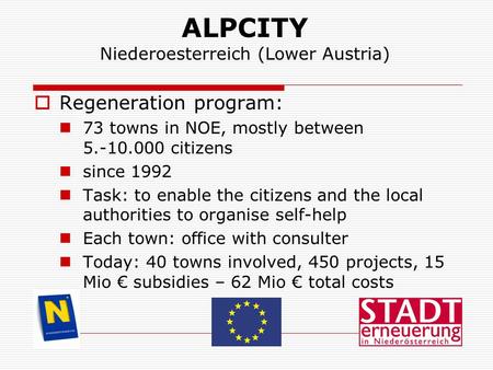 ALPCITY Niederoesterreich (Lower Austria)  Regeneration program: 73 towns in NOE, mostly between 5.-10.000 citizens since 1992 Task: to enable the citizens.