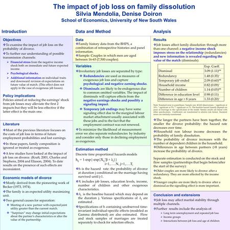 The impact of job loss on family dissolution Silvia Mendolia, Denise Doiron School of Economics, University of New South Wales Introduction Objectives.