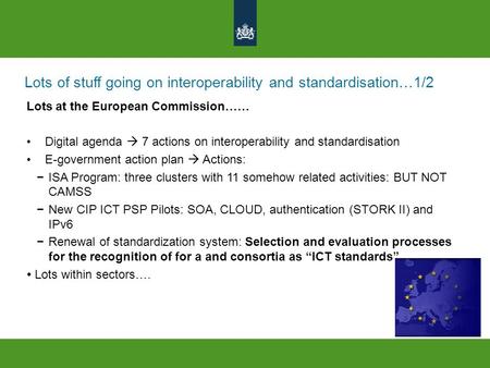 Lots of stuff going on interoperability and standardisation…1/2 Lots at the European Commission…… Digital agenda  7 actions on interoperability and standardisation.