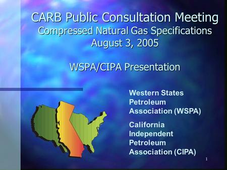 1 CARB Public Consultation Meeting Compressed Natural Gas Specifications August 3, 2005 WSPA/CIPA Presentation Western States Petroleum Association (WSPA)