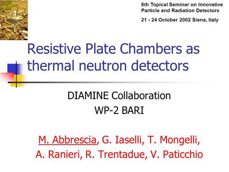 Resistive Plate Chambers as thermal neutron detectors DIAMINE Collaboration WP-2 BARI M. Abbrescia, G. Iaselli, T. Mongelli, A. Ranieri, R. Trentadue,