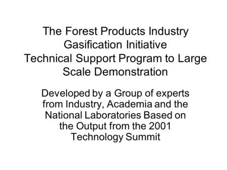 The Forest Products Industry Gasification Initiative Technical Support Program to Large Scale Demonstration Developed by a Group of experts from Industry,