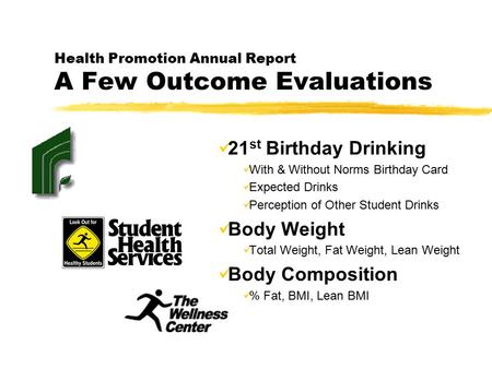 Health Promotion Annual Report A Few Outcome Evaluations 21 st Birthday Drinking With & Without Norms Birthday Card Expected Drinks Perception of Other.