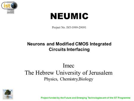 Project funded by the Future and Emerging Technologies arm of the IST Programme NEUMIC Project No. IST-1999-29091 Neurons and Modified CMOS Integrated.