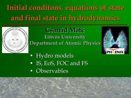 Initial conditons, equations of state and final state in hydrodynamics Hydro modelsHydro models IS, EoS, FOC and FSIS, EoS, FOC and FS ObservablesObservables.