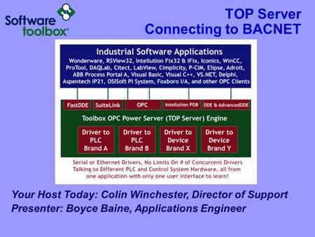TOP Server Connecting to BACNET Your Host Today: Colin Winchester, Director of Support Presenter: Boyce Baine, Applications Engineer.