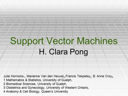 Support Vector Machines H. Clara Pong Julie Horrocks 1, Marianne Van den Heuvel 2,Francis Tekpetey 3, B. Anne Croy 4. 1 Mathematics & Statistics, University.