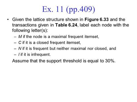 Ex. 11 (pp.409) Given the lattice structure shown in Figure 6.33 and the transactions given in Table 6.24, label each node with the following letter(s):
