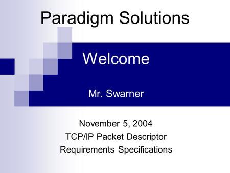 Welcome Mr. Swarner November 5, 2004 TCP/IP Packet Descriptor Requirements Specifications Paradigm Solutions.