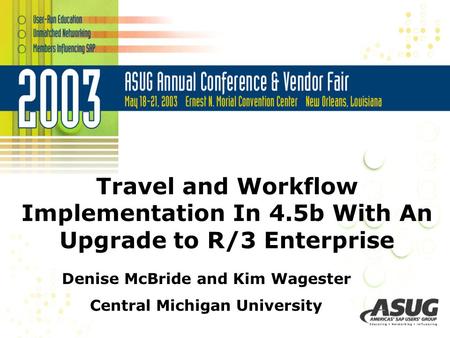 Travel and Workflow Implementation In 4.5b With An Upgrade to R/3 Enterprise Denise McBride and Kim Wagester Central Michigan University.
