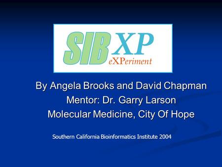 By Angela Brooks and David Chapman Mentor: Dr. Garry Larson Molecular Medicine, City Of Hope Southern California Bioinformatics Institute 2004.