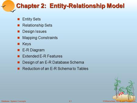 ©Silberschatz, Korth and Sudarshan2.1Database System Concepts Chapter 2: Entity-Relationship Model Entity Sets Relationship Sets Design Issues Mapping.