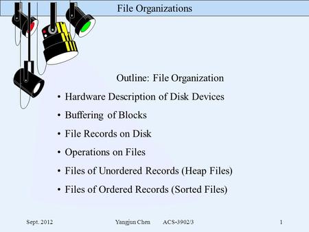 File Organizations Sept. 2012Yangjun Chen ACS-3902/31 Outline: File Organization Hardware Description of Disk Devices Buffering of Blocks File Records.