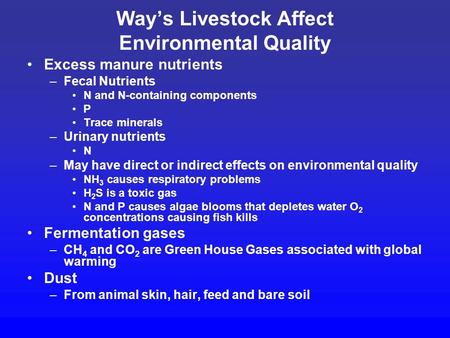 Way’s Livestock Affect Environmental Quality Excess manure nutrients –Fecal Nutrients N and N-containing components P Trace minerals –Urinary nutrients.