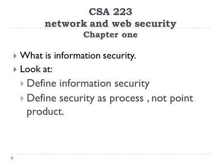 CSA 223 network and web security Chapter one