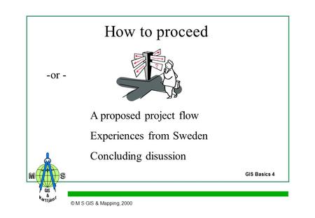 How to proceed -or - A proposed project flow Experiences from Sweden Concluding disussion © M S GIS & Mapping, 2000 GIS Basics 4.