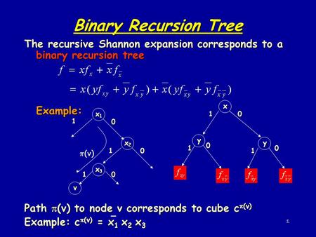 Binary Recursion Tree The recursive Shannon expansion corresponds to a binary recursion tree Example: Path (v) to node v corresponds to cube c(v) Example: