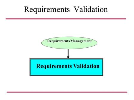 Requirements Validation Requirements Management. ?? Validation, Verification, Accreditation !! Check if evrything is OK With respect to what ? Mesurement.