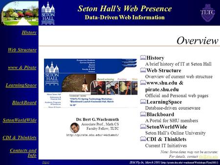 IBM Fly-In, March 2001 (http://pirate.shu.edu/~wachsmut/Workshops/Flyin2001/) Seton Hall’s Web Presence Data-Driven Web Information History Web Structure.