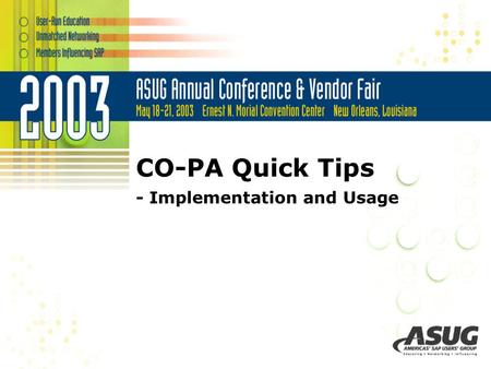 CO-PA Quick Tips - Implementation and Usage. Quick Background Implementation Tips Usage Tips in Production Environment Reporting Tips FYI CO-PA Quick.