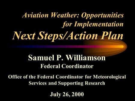Aviation Weather: Opportunities for Implementation Next Steps/Action Plan Samuel P. Williamson Federal Coordinator Office of the Federal Coordinator for.