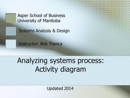 Asper School of Business University of Manitoba Systems Analysis & Design Instructor: Bob Travica Analyzing systems process: Activity diagram Updated 2014.
